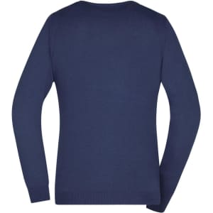 A navy ladies v-neck pullover with long sleeves, featuring a knitted design and a logo on the back.