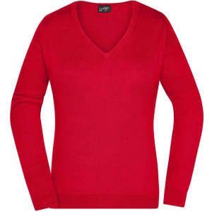 A red ladies V-neck pullover with long sleeves, featuring a simple design and a logo on the label.