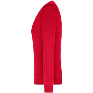 A red ladies V-neck pullover jumper with long sleeves, featuring a side view. It has a logo on the garment.