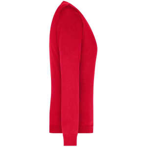 A red ladies V-neck pullover displayed from the side, featuring a fitted design and long sleeves.