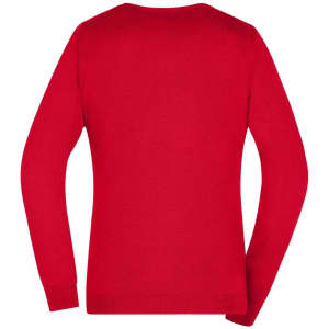 A red ladies v-neck pullover jumper with long sleeves and a fitted design, featuring a logo on the back.
