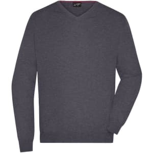 A dark grey men's V-neck pullover jumper with long sleeves and a simple design. It includes a logo.