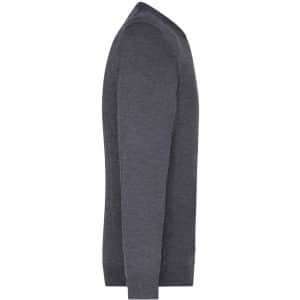 A grey men's V-neck pullover jumper with long sleeves displayed from the side. It has a logo on it.