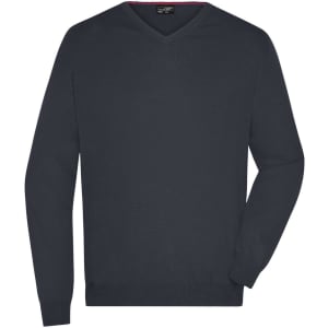 A navy V-neck pullover jumper for men with long sleeves and a logo on the label.