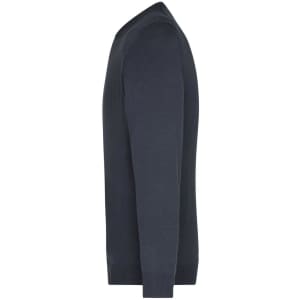 A navy men's V-neck pullover jumper with long sleeves, featuring a fitted silhouette and a logo.