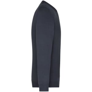 A men's navy V-neck pullover jumper features long sleeves and a fitted silhouette. It has a logo on the side.