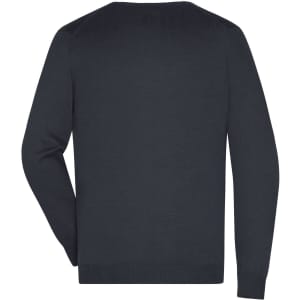 A navy men's V-neck pullover jumper featuring long sleeves and a simple design. It has a logo on the back.