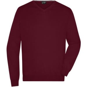 A burgundy men's V-neck pullover jumper displayed on a plain background, featuring long sleeves and a logo.