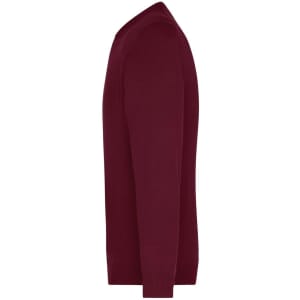 A maroon men's V-neck pullover jumper with long sleeves and fitted design. It features a logo on the side.