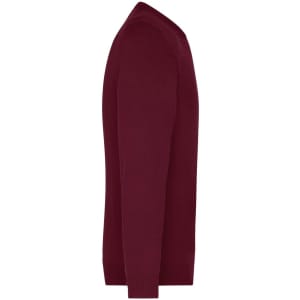 A burgundy men's V-neck pullover jumper, showcasing a side view with long sleeves and a fitted silhouette.