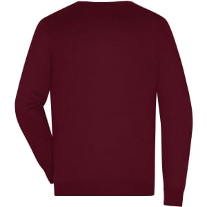 A maroon men's V-neck pullover jumper with long sleeves and a simple design. It has a logo on the back.