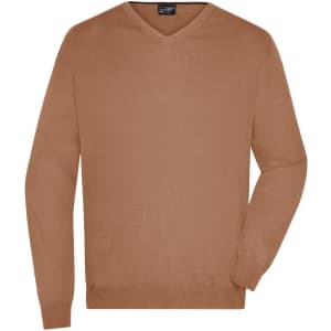 A men's V-neck pullover in a warm brown colour, featuring long sleeves and a simple design. It includes a logo.