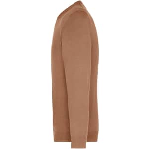 A men's v-neck pullover in a tan colour, featuring long sleeves and a fitted design. Includes branding.