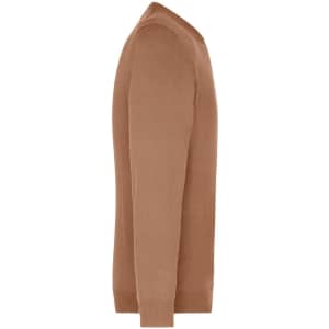 A men's v-neck pullover in a tan colour, featuring a knitted design and a fitted silhouette.
