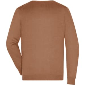 A men's v-neck pullover in a warm brown tone, featuring a simple knitted design and one visible logo.