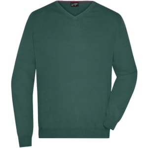 A dark green men's V-neck pullover jumper with long sleeves and a logo on the label.