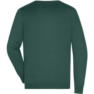 A green knitted V-neck pullover jumper with long sleeves and a back view. It features a branding logo.