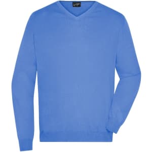 A blue men's V-neck pullover jumper with long sleeves and a simple design. It features a logo on the label.