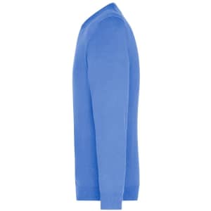 A blue men's V-neck pullover jumper displayed from the side, showcasing its knitted texture and shape.