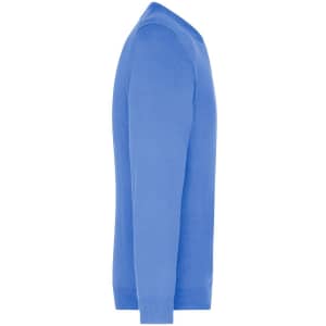 A side view of a men's knitted jumper in a bright blue colour, featuring a V-neck design. It has a logo on the side.