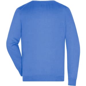 A blue knitted V-neck pullover jumper with long sleeves and a plain back, featuring a logo.