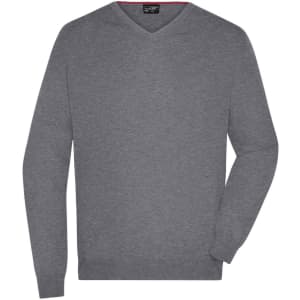 A grey men's V-neck pullover jumper with long sleeves and a simple design, featuring a logo.