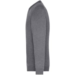 A grey V-neck pullover jumper with long sleeves, featuring a slim profile and ribbed cuffs.