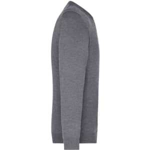 A grey men's V-neck pullover jumper, featuring a fitted side view and a logo on the garment.