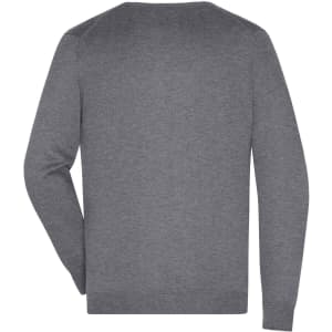 A grey men's V-neck pullover jumper featuring long sleeves and a simple design, with a logo on the back.