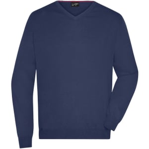 A navy blue men's V-neck pullover with long sleeves. It features a knitted texture and a logo.