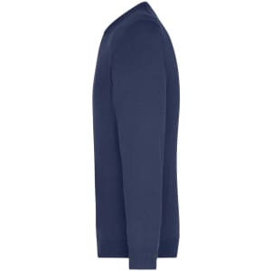 A navy V-neck pullover jumper with long sleeves. The garment is displayed from the side view. It has a logo.