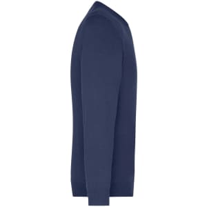 A navy V-neck pullover jumper with long sleeves and a fitted design. It features a subtle brand logo.