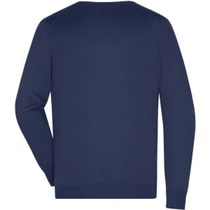 A navy blue men's V-neck pullover jumper with a simple, knitted design and a rear view.