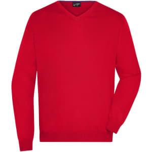 A red V-neck pullover jumper with long sleeves, featuring a brand logo.