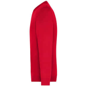 A red men's V-neck pullover jumper is displayed, featuring long sleeves and a fitted silhouette. It includes a logo.