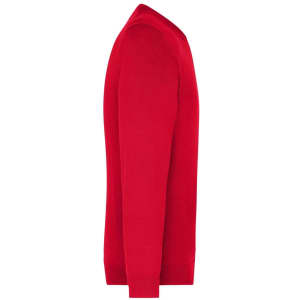 A red men's V-neck pullover jumper featuring long sleeves and a fitted design. It has a logo on the side.