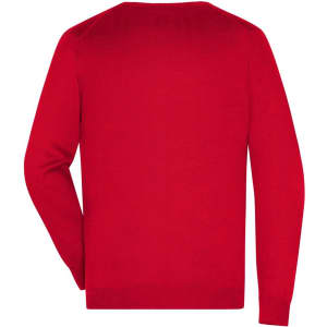 A red men's V-neck pullover, featuring long sleeves and a simple design, with a logo on the back.