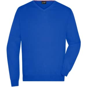 A blue men's V-neck pullover knitted jumper with long sleeves and a logo.