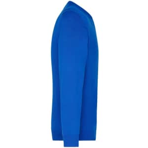 A blue men's V-neck pullover jumper displayed from the side, featuring long sleeves and a snug fit.