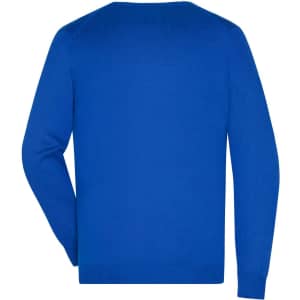 A blue men's V-neck pullover jumper featuring long sleeves and a back view. It has a logo on the side.