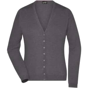 A dark grey ladies V-neck cardigan with long sleeves and front buttons. Features a logo on the label.