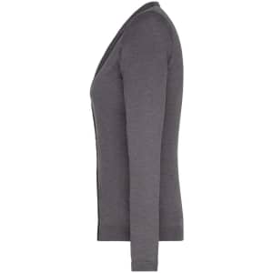 A ladies' grey v-neck cardigan with a fitted design and long sleeves, featuring a subtle branding logo.