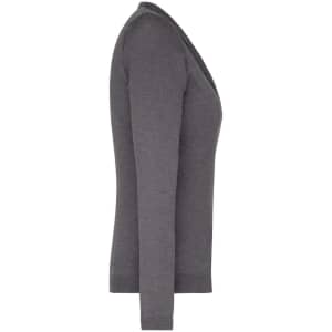 A ladies v-neck cardigan in a dark grey shade, featuring long sleeves and a fitted design. It has a logo.
