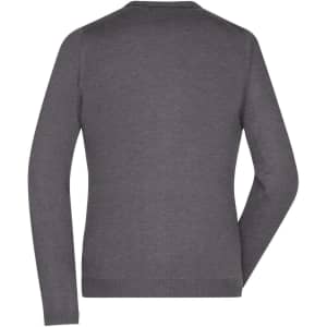 A grey ladies V-neck cardigan, displayed from the back, featuring long sleeves and a fitted design.