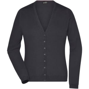 A dark grey ladies V-neck cardigan with a button-up front and long sleeves, featuring a subtle branding.