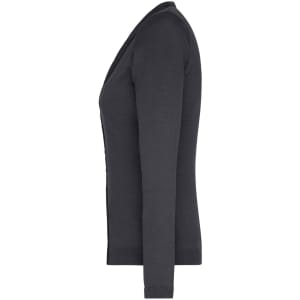 A ladies' v-neck cardigan in dark grey, featuring a fitted silhouette and long sleeves. The item has a logo.