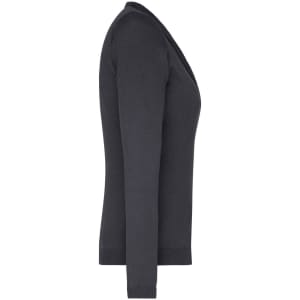 A dark grey ladies V-neck cardigan featuring long sleeves and a fitted design. It has a logo on the garment.