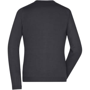 A dark grey ladies' V-neck cardigan with long sleeves and a fitted design, featuring a logo on the back.