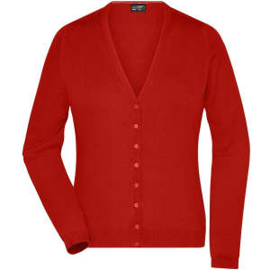 A red ladies' v-neck cardigan with long sleeves and a button-down front, featuring a logo.