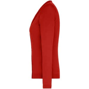 A red ladies v-neck cardigan displayed from the side, featuring long sleeves and a fitted design.